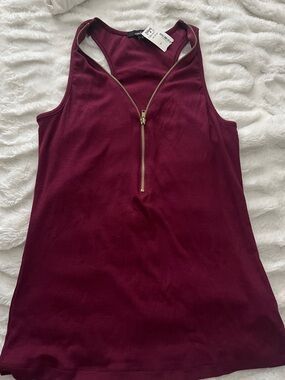 Ambiance Ribbed Zip-Front Tank Top - Burgundy
